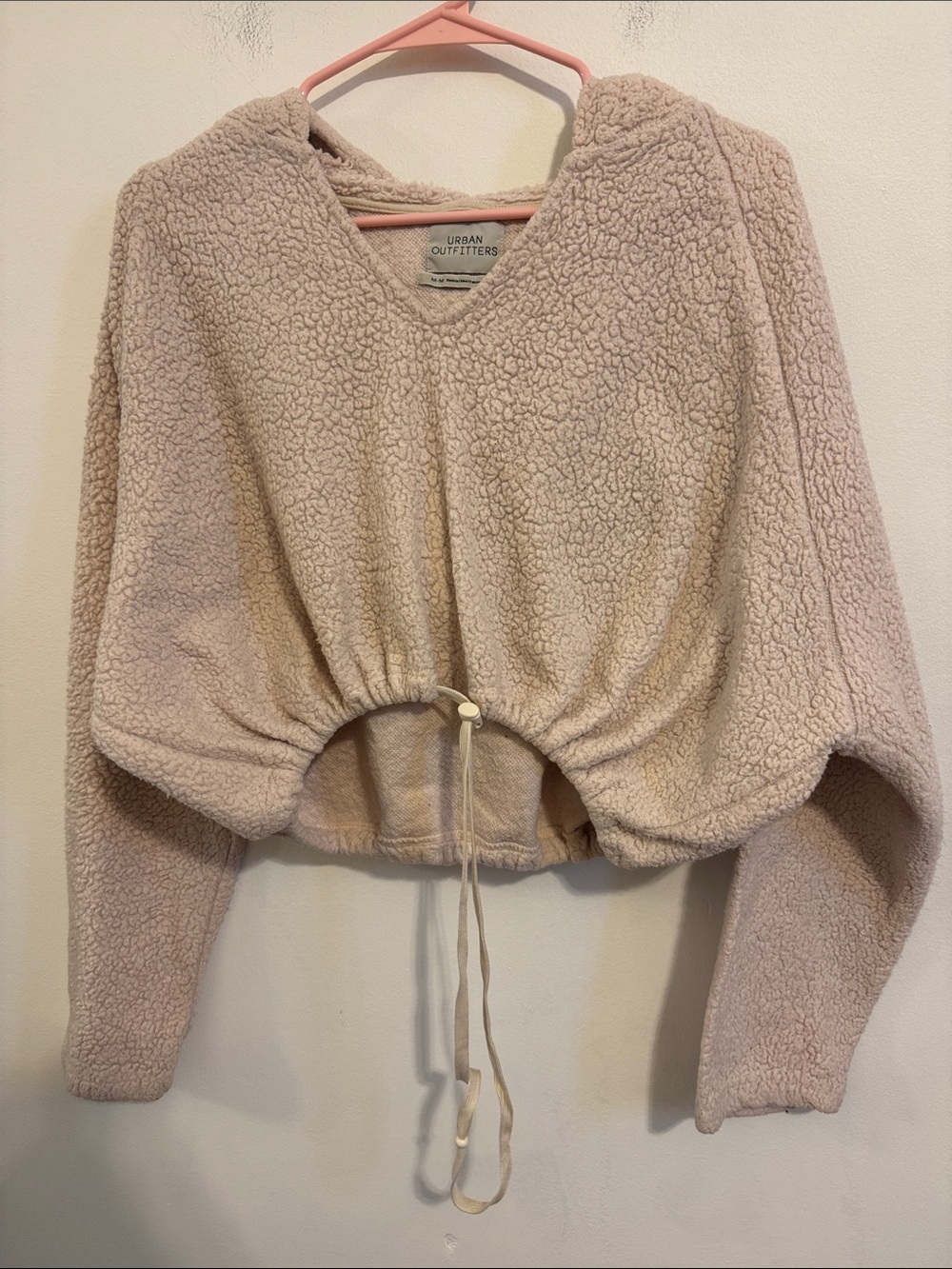 Urban Outfitters Light Beige Sherpa Drawstring Cropped Hoodie